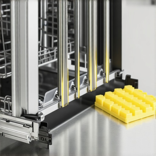 Close-up of dishwasher feet being leveled with bubble level and rubber shims.