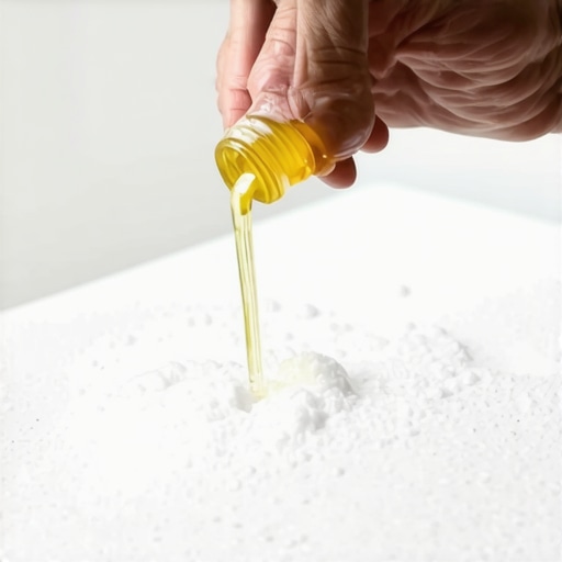 Person cleaning bathtub with vinegar spray and baking soda paste