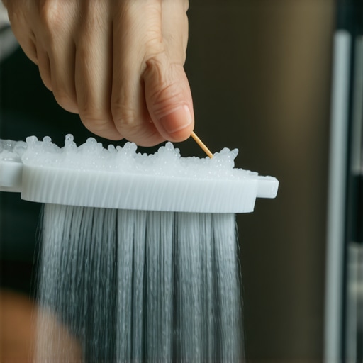 Person cleaning dishwasher spray arm jets using a toothpick, detail shot