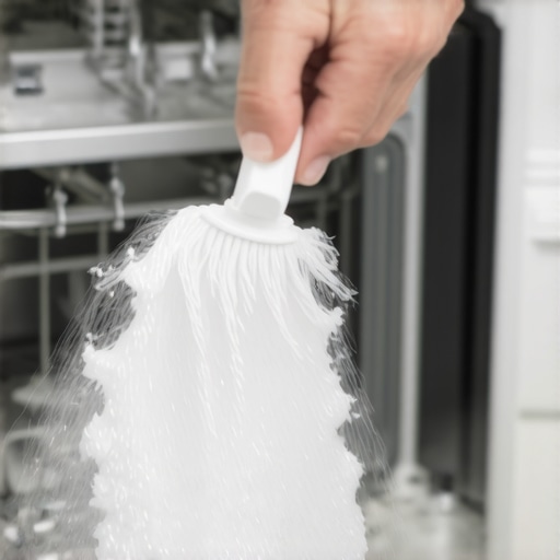 Person cleaning dishwasher spray arm with brush to remove calcium buildup.