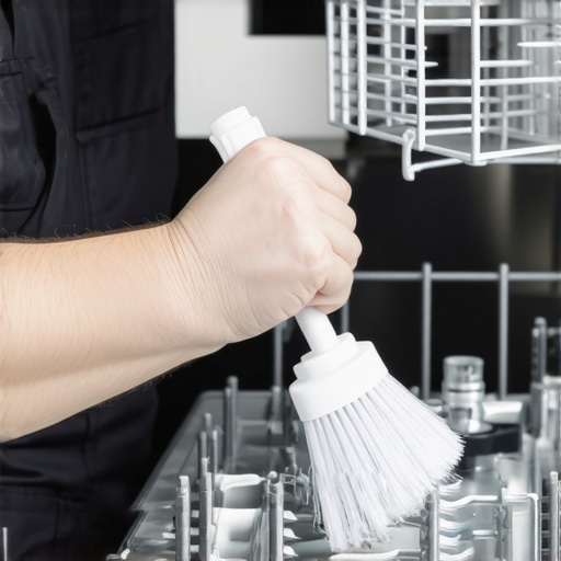 Technician cleaning dishwasher's heating element with a brush and vinegar