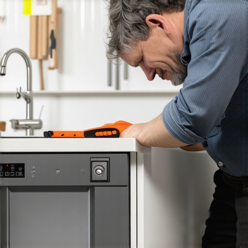 Person inspecting dishwasher wiring with multimeter and mirror
