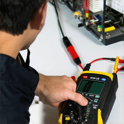 Technician testing dishwasher wiring with multimeter to ensure proper function