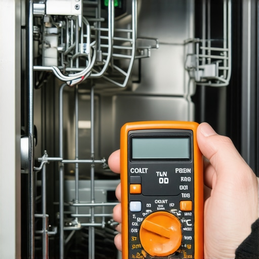 Person using multimeter to test dishwasher component for maintenance