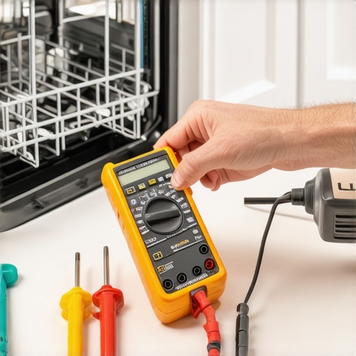 Diagnostic Tools for Dishwasher Maintenance Person measuring dishwasher component with multimeter for maintenance