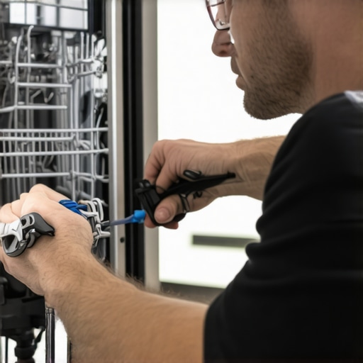 Technician installing a dishwasher drain hose with clamps in a contemporary kitchen.