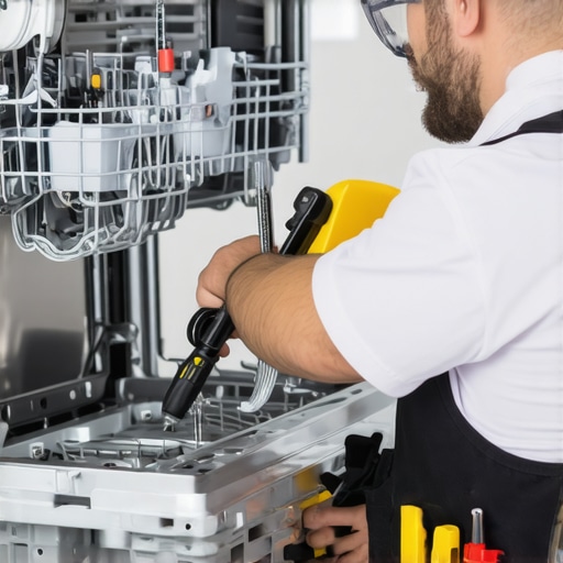 Technician inspecting dishwasher's internal water inlet and drainage system.
