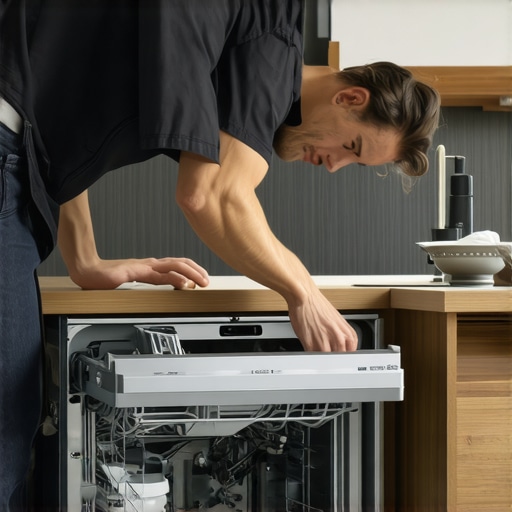 Professional installing a dishwasher with visible water and power connections.