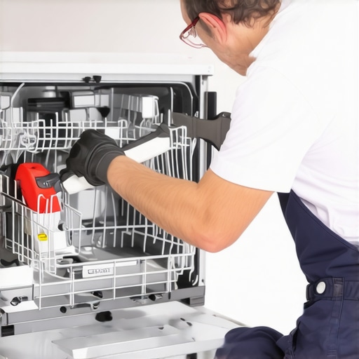Technician connecting water hoses and securing the dishwasher in a modern kitchen.