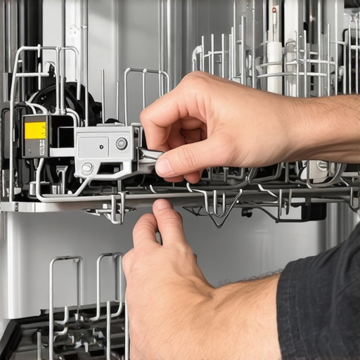 Dishwasher Latch Replacement Process Close-up of technician installing a new latch inside a dishwasher door.