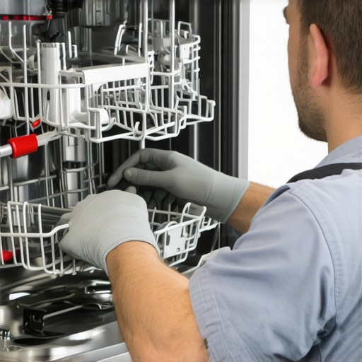 Technician tightening dishwasher mounting bolts with a wrench