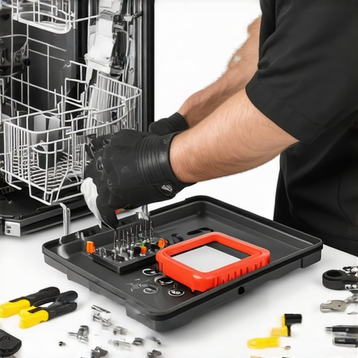 Dishwasher Repair Process Technician replacing dishwasher control panel with tools and parts.