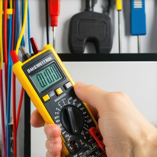 Person measuring dishwasher wiring with a multimeter for maintenance.