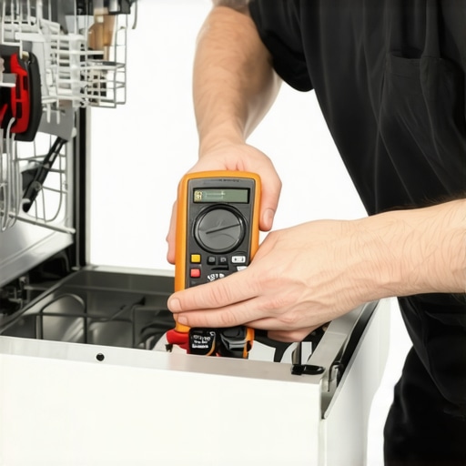 Technician inspecting dishwasher wiring with multimeter and pry tools