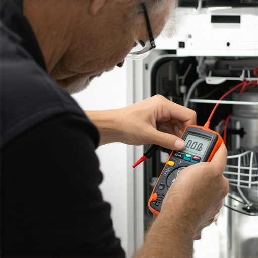 Technician testing dishwasher wiring with multimeter.
