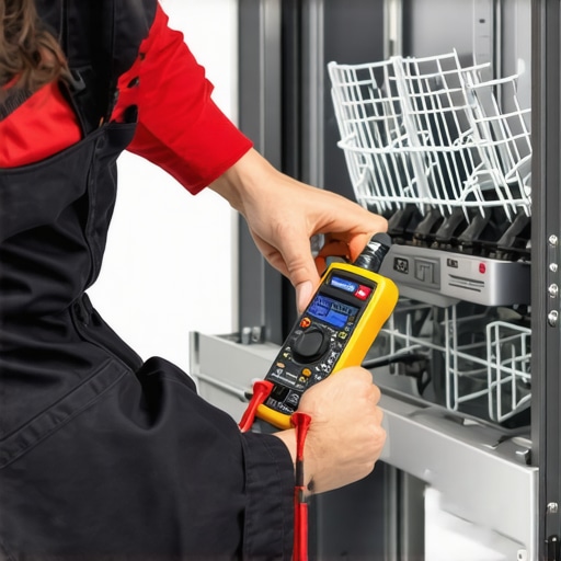 Technician measuring electrical connections inside a dishwasher with multimeter and wrenches