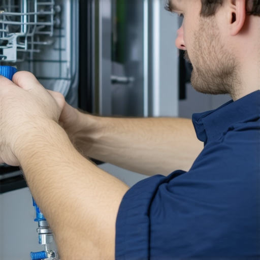 Technician installing a dishwasher part with careful attention to detail