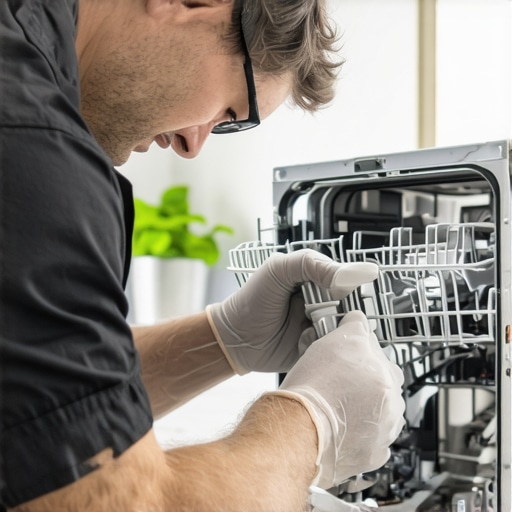 Expert dishwasher installation process Technician inspecting dishwasher parts during installation in a kitchen