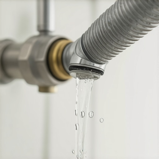 A plumber flushing a flexible water supply hose to remove debris before installing a dishwasher.