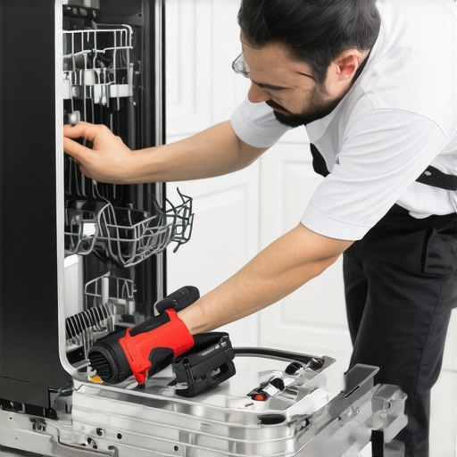 Person inspecting dishwasher hoses and controls using specialized maintenance tools in a kitchen.
