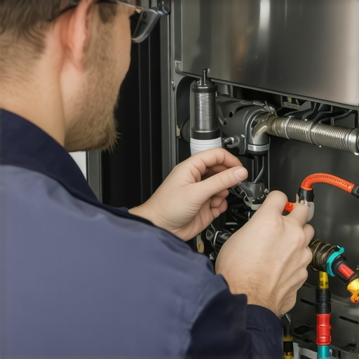Technician checking dishwasher inlet valve and hoses for leaks.