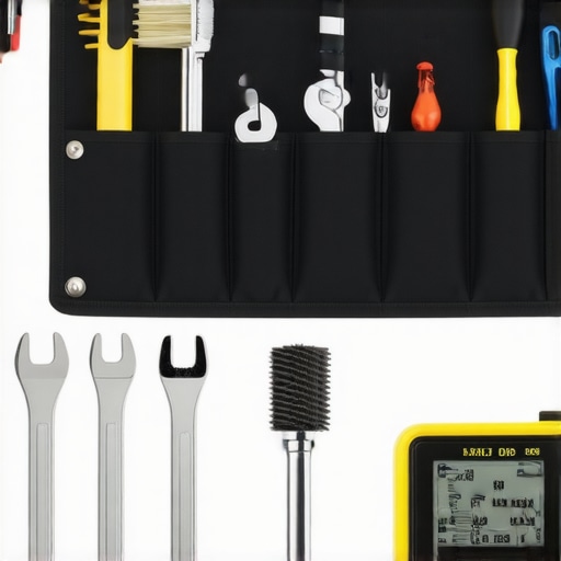 Kitchen Maintenance Tools for Dishwashers A set of specialized tools including wrenches, brushes, and a water hardness tester laid out on a work surface for dishwasher maintenance.
