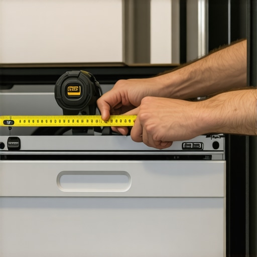 Person measuring dishwasher opening with tape measure in kitchen.
