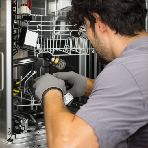 Installer connecting durable stainless steel hoses during dishwasher setup.
