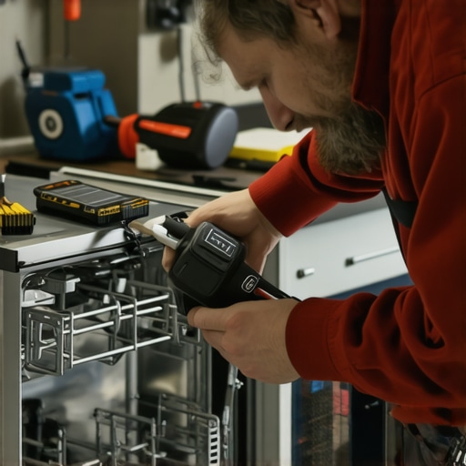Technician performing detailed repairs on a dishwasher using specialized tools