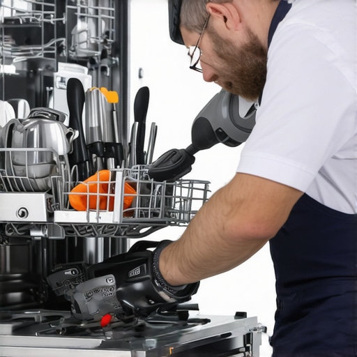Technician inspecting dishwasher parts during maintenance.