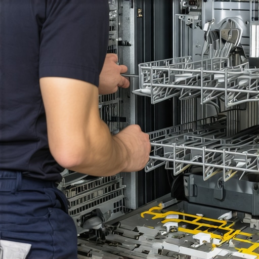 Technician examining dishwasher components during maintenance.