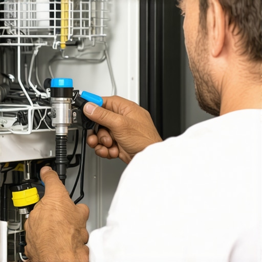 Technician examining dishwasher water hoses and fittings for proper installation.