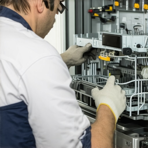 Technician installing dishwasher parts with focus on correct alignment and tools