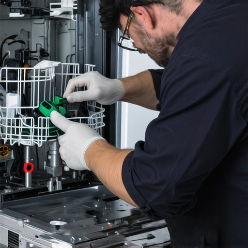 Technician leveling and connecting dishwasher hoses correctly.