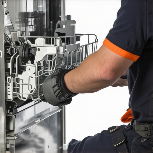 Technician installing dishwasher using genuine parts to ensure warranty compliance.