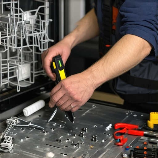 Technician replacing the heating element in a dishwasher