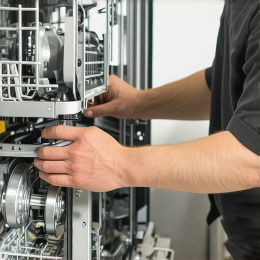 Technician replacing dishwasher lower rack wheels with new ones, close-up view.
