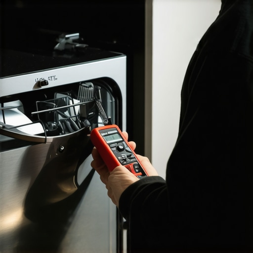A technician using a multimeter to diagnose a dishwasher's electronics.