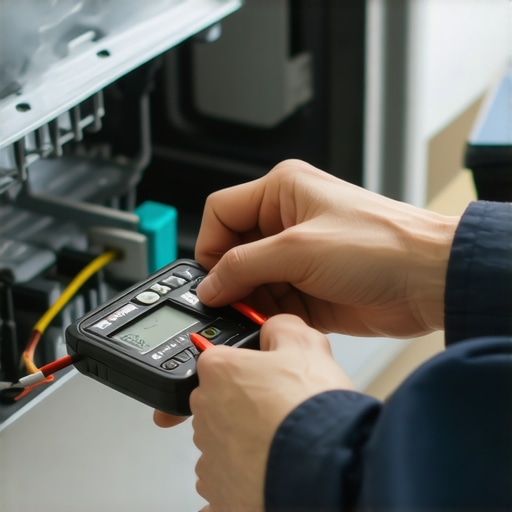 A person measuring electrical components inside a dishwasher using a multimeter and screwdrivers.