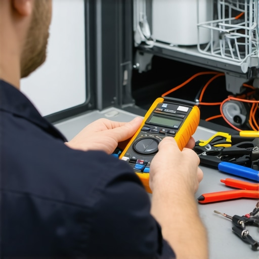 Technician Testing Dishwasher Control Board A professional using a multimeter to diagnose dishwasher electrical components.