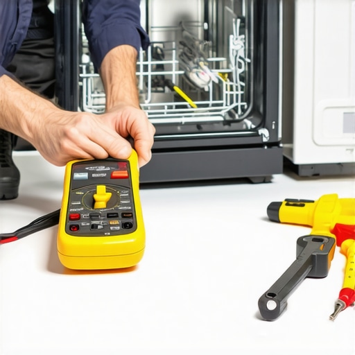 A professional technician measuring wires inside a dishwasher with a digital multimeter.