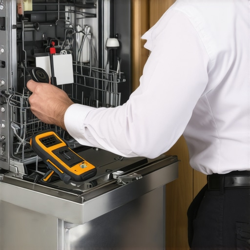 Tools for Dishwasher Maintenance A person using repair tools to check inside a dishwasher for maintenance