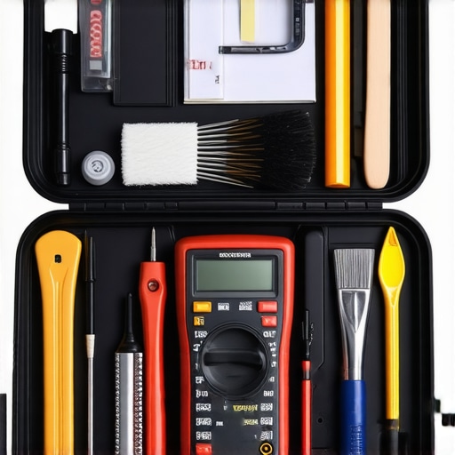 A collection of professional-grade tools including a multimeter, brushes, and calibration devices used for dishwasher upkeep.