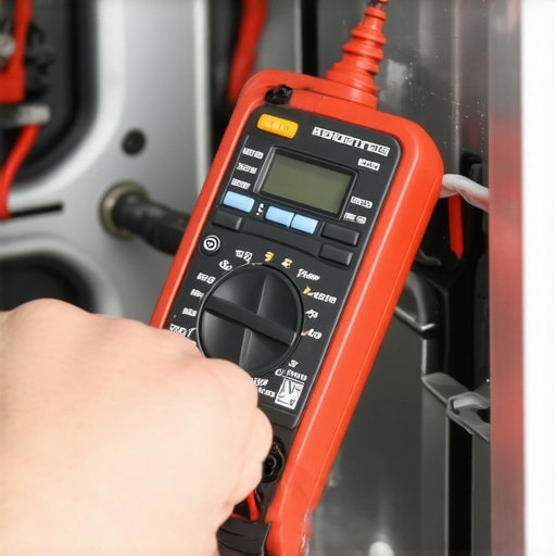 Person testing dishwasher wiring with a multimeter for maintenance