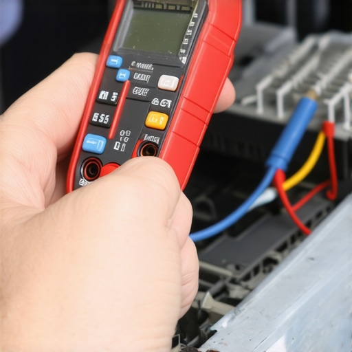 Technician testing dishwasher electrical component with multimeter.