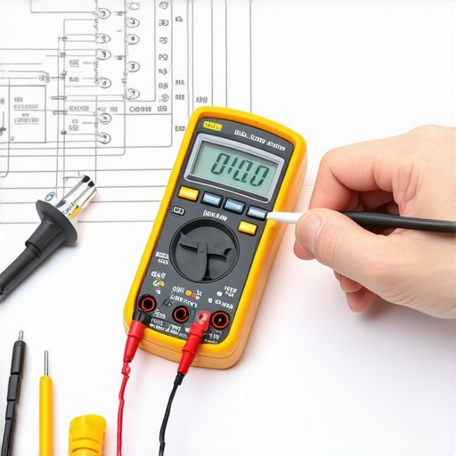 Using a Multimeter for Dishwasher Maintenance Homeowner testing dishwasher wiring with a multimeter during maintenance.