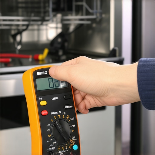 Technician diagnosing dishwasher wiring with multimeter.