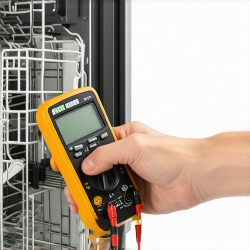 Using a Multimeter for Dishwasher Maintenance Technician testing dishwasher sensor with multimeter during maintenance.
