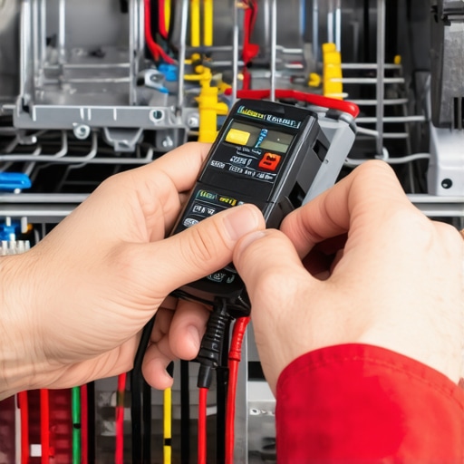 Using a multimeter for dishwasher diagnostics Technician testing dishwasher wiring with a multimeter during maintenance.