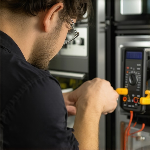 A technician testing dishwasher wiring with a multimeter to diagnose issues